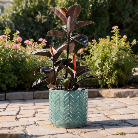 Pot de fleurs en céramique bleu profond 38 cm motif chevrons (1/5)