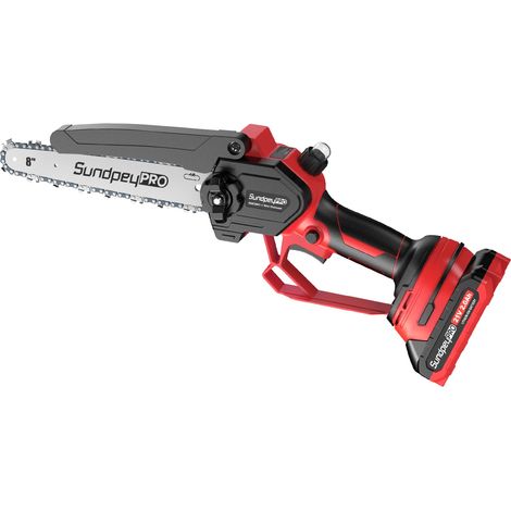 Mini tronçonneuse sans balais 21 V avec batteries 2 x 2,0 Ah - Scie d'élagage sans fil à une main pour l'élagage du bois et des branches - Rouge