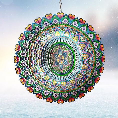 Carillon éolien Mandala 30,5 cm acier inoxydable, découpé au laser, art cinétique pour jardin et maison