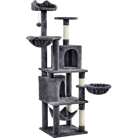 Yaheetech – Arbre à chat géant 175 cm – 2 plateformes, 2 paniers, 2 condos en peluche – Cordes en sisal naturel – Gris foncé