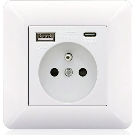 Panneau de prises françaises Type-c+USB16A Type 86, nombre de prises : 2 trous, nombre de ports USB : 1, nombre de ports type-c : 1, sûr et ferme(arc blanc) (1/4)