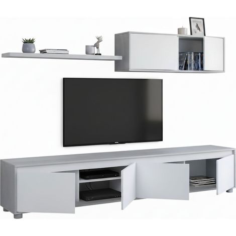 Einbaufertige Wand Savannah, TV-Ständer für Wohnzimmer, Zusammensetzung des Wohnzimmersets, Wohnzimmergarnitur mit Schrankwand, cm 200x41h43, Weiß und Zement (1/5)