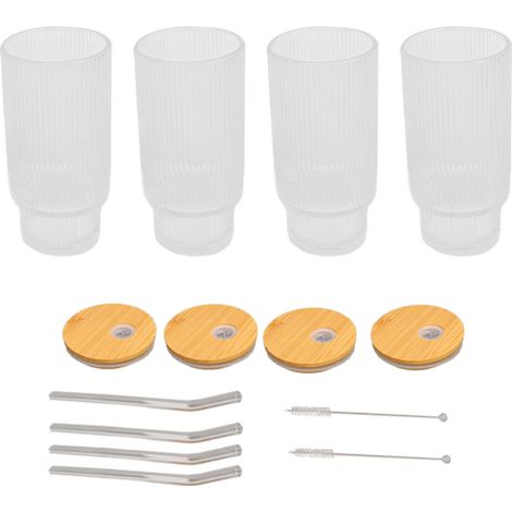 Lot de 4 verres vintage hauts 16oz empilables, verrerie à café avec couvercle bambou et paille, idéal pour jus, bière, café glacé, motif grain vertical (1/5)
