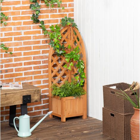 Bac à plantes avec treillis d’angle pour jardin, terrasse et balcon, en bois de sapin brun, drainage intégré, 32 x 32 x 108 cm - CHICFURN (1/5)
