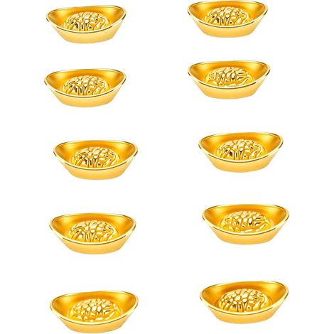 Chinese Feng Shui Yuanbao, Lucky Gold Ingot Figurine, Set of 10 Mini Wealth Symbols in Simulated Gold-Plated Alloy for New Year's Business Gift, (L 10PCS) (1/5)
