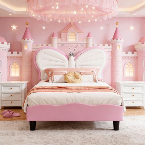 Lit Enfant Fille 90x190, Lit Simple Rembourré avec Tête de Lits Réglable en Hauteur en Forme de Papillon et Liseuse, Sommier à Lattes, Velours+PU,blanc rose