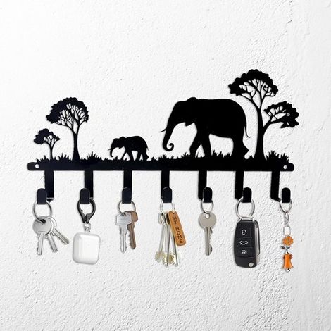 Porte-clés mural motif éléphant - crochet mural - fer - noir (1/5)