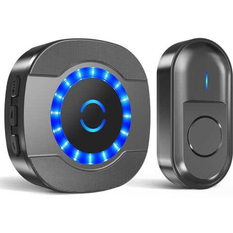 Waterproof Outdoor Wireless Doorbell, 300m Long Range Doorbell with Plug-in Receivers, Battery Powered Electronic Doorbell Kit for Home, Blue LED, 55 Melodies, 5 Volume Levels, Black