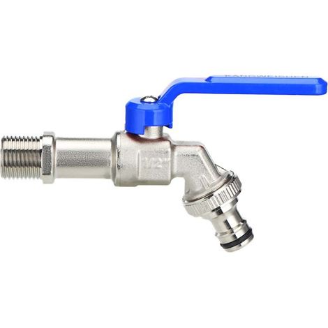 Válvula de bola - Mango plano - Conexión macho de 1/2" - Conexión de 3/4", color azul, para lavadora de exterior, resistente a las heladas. (1/5)