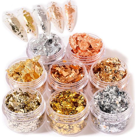 8 Feuilles de transfert, Effet miroir et pailleté, Or et argent, Pour manucure et nail art (1/5)