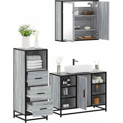3-tlg. Badmöbel-Set Grau Sonoma Holzwerkstoff