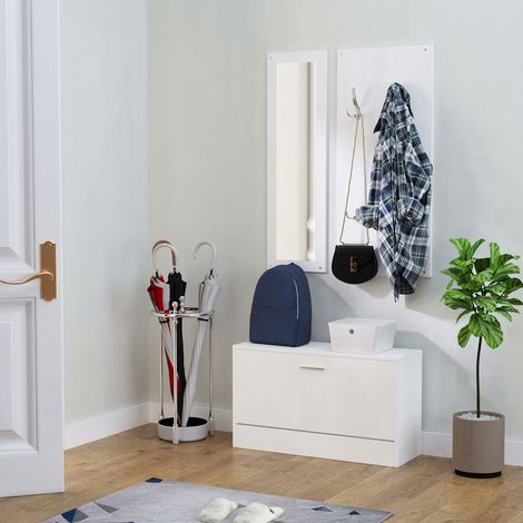 Ensemble de 3 meubles d’entrée avec banc - 80x27x46,5 cm - porte-manteau - en bois pour la chambre - rangement chaussures - couleur blanche (1/4)