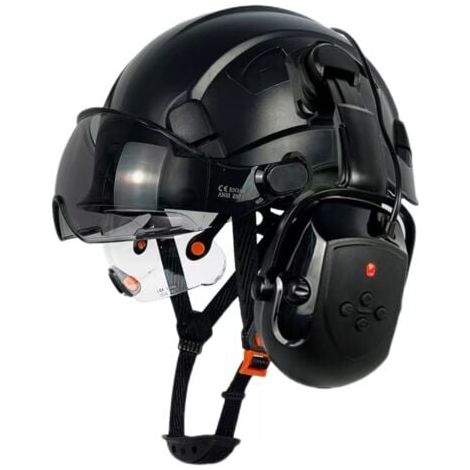 Casque de sécurité avec Visière Bluetooth Oreille Muffs SNR 26dB Hard Hat avec Visières Monté Oreille muff Hardhats Vented ANSI （Casquette noire CR08 + lunettes CS + cache-oreilles Bluetooth） (1/4)