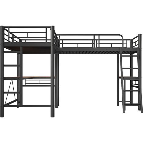Lit Mezzanine 90 x 200 cm 2 couchages superposés Table sous le lit Double échelle Barrière haute Noir