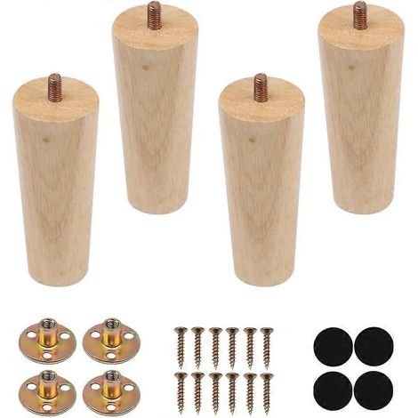 Lot de 4 pieds de meuble en bois massif, pieds de 12 cm pour canapé, pieds de rechange pour meubles en bois, avec plaque de fixation et vis M8 (1/4)