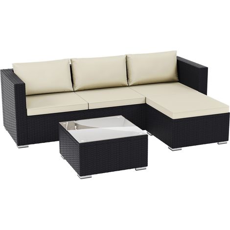 Hampton Rattan Garden Furniture 4 Seater Outdoor Corner Sofa Table Set, Black-No-Cover