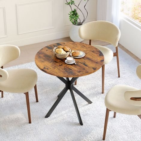 Table à manger ronde Ø80 cm style industriel, plateau effet bois vintage, pieds en X noirs, pour cuisine ou bureau (1/5)