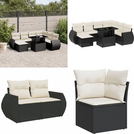 Salon de jardin 8 pcs avec coussins noir résine tressée - Salon De Jardin - Meuble Extérieur - Set Salon - Résine Tressée - Rotin Synthétique - Home & Living (1/5)