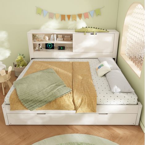 lit adulte couchage 140x190 bois blanc rangement malin OKMYHOME (1/5)