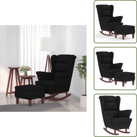 Chaise à bascule avec pieds en bois et tabouret Noir Velours - Fauteuil À Bascule - Chaise Relaxante - Chaise Lounge - Velours - Meuble Salon (1/5)