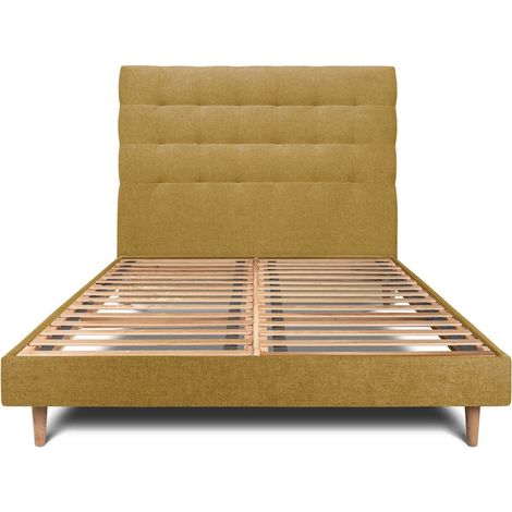 Lit 160x200cm avec tête de lit capitonnée tissu et sommier kit jaune - Hauteur totale : 29cm (1/5)