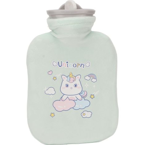 Bouillotte en caoutchouc floqué de 500 ml pour l'hiver, idéale pour la maison et les étudiants. Chauffe-mains portable en PVC épais haute densité, motif licorne verte. (1/5)