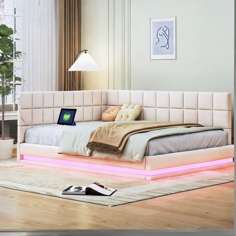 Cadre de lit beige en lin 206 x 147 x 63 cm (1/5)