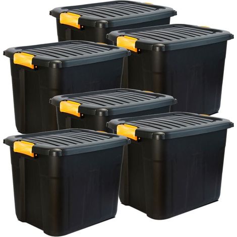 Lot de 6 boîtes de rangement en plastique avec couvercle à clipser 60 L - Longueur 60 x Profondeur 39 x Hauteur 41 cm (1/5)