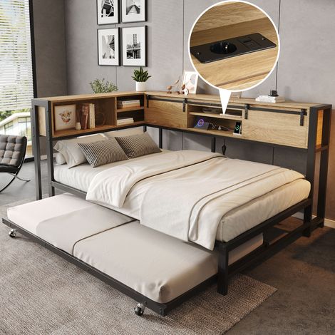 Lit gigogne industriel 120x200 cm avec rangement pour ado, lit métal avec couchage 90x190 cm, tête de lit avec étagères, prise USB, noir et bois (1/5)