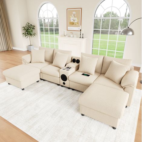 Divano angolare modulare con vano portaoggetti, console, bluetooth, USB e ricarica wireless, in velluto a coste (panno), beige (1/5)