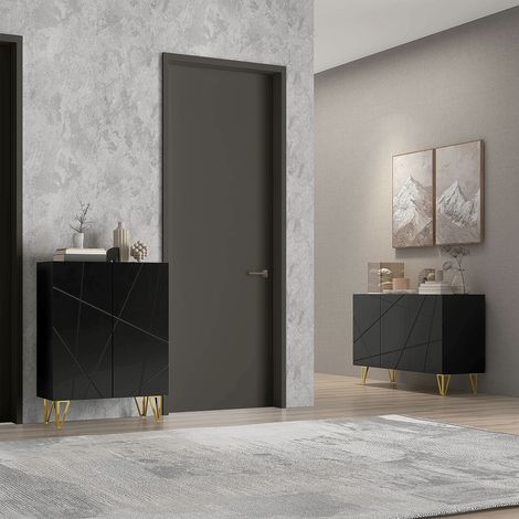Aufbewahrungsschrank mit 2 Schränken und 3 verstellbaren Regalböden, modernes Sideboard mit Metallbeinen, 120 x 40 x 75 cm, Schwarz und Gold