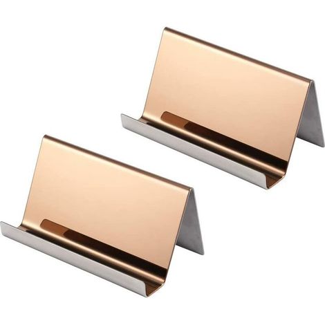 Lot de 2 supports de cartes de visite en acier inoxydable pour bureau ou bureau - Couleur or rose (1/4)