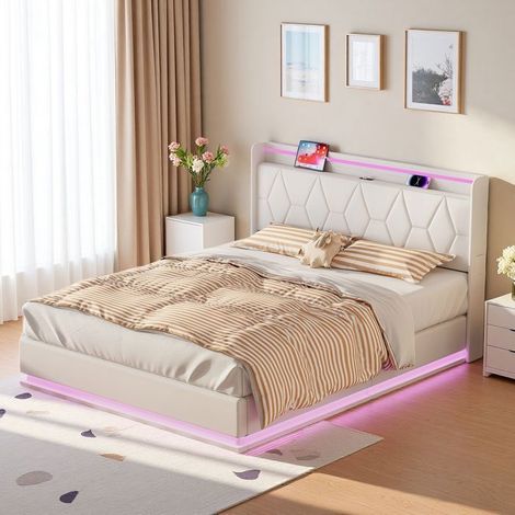 Lit Hydraulique 160x200 cm - Doppelbett mit Stauraum für Erwachsene, LED-Beleuchtung an 3 Seiten und USB - Moderner weißer Leinenvelours, hydraulischer Stauraum