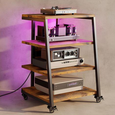 Meuble HiFi à 4 Etagères en Bois et Acier avec roulettes, Support pour Platine Vinyle, Meuble Audio/Vidéo, Avec bande LED et Steckdosenleisten, Rangement réglable, Max. 140KG, 60cm x 51cm x 85cm