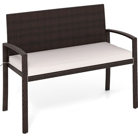 Banc en Osier pour 2 Personnes avec Coussin de Siège, Chaise Extérieure avec Dossier et Accoudoirs, 110 x 56 x 84 cm, Charge 360 KG, Beige (1/5)