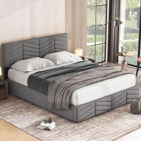 Lit double rembourré avec coffre de rangement hydraulique, revêtement en velours, motif rayé, style européen, tête de lit réglable en hauteur, 140 x 200 cm, gris (1/5)