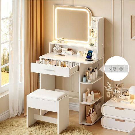 Coiffeuse avec Miroir LED et Tabouret, Éclairage Réglable 3 Couleurs, Multiprise Intégrée, 1 Tiroir et 7 Étagères de Rangement, 36 x 68 x 139 cm, Blanc