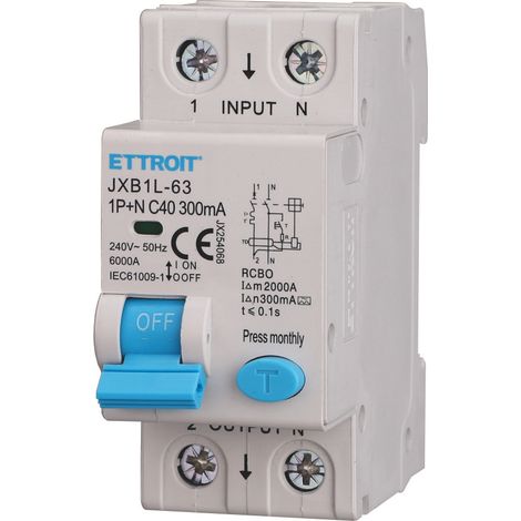 Interruttore magnetotermico differenziale ETTROIT JX254068 RCBO 1P+N C40 40A 300mA Classe A 6kA