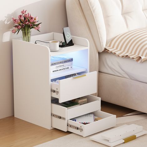 Table de chevet blanche – 40 x 40 x 60 cm avec 2 tiroirs, compartiment secret, LED réglable, 2 prises (1/5)