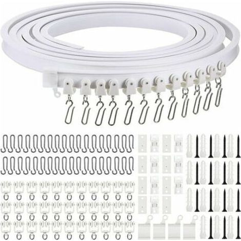 Meter lange, gebogene, flexible Gardinenschiene zur Deckenmontage, flexible gebogene Gardinenschiene mit Metall-Gardinenhaken, Raumteiler für Gardinen
