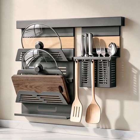 doporro Küchen Organizer aus Metall, Topfdeckelhalter ohne Bohren, Küchenreling 52 cm mit 3-stöckigem Topfdeckelhalter und 2 Besteckhalter, Grau Reglo Schiene 52cm