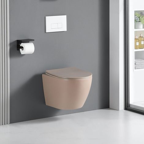 Stano. – Cuvette WC suspendu beige mat – Technologie Rimless hygiénique – Abattant Soft Close avec frein de chute – Évacuation horizontale (1/5)