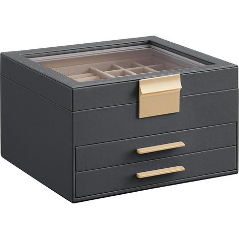 Boîte à bijoux avec couvercle en verre, organisateur de bijoux à 3 couches, 2 tiroirs, pour grands et petits bijoux, rangement de bijoux, style moderne, 20,3 x 23,9 x 13,4 cm, gris (1/5)