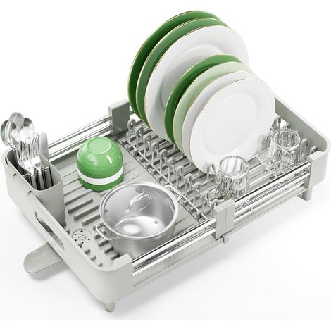 Égouttoir à vaisselle extensible pour comptoir de cuisine, pliable en acier inoxydable avec porte-couverts amovible, support d'assiette résistant aux rayures, gris et blanc