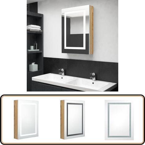 LED-Spiegelschrank fürs Bad Weiß und Eichen-Optik 50x13x70 cm - LED-Spiegelschrank - Badezimmermöbel - Spiegelschrank - Wandspiegel - Badespiegel
