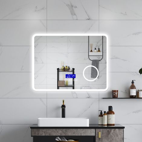 Aica SPECCHIO DA BAGNO BLUETOOTH 80X60CM CON ANTIAPPANNAMENTO + DIMMERABILE + 3 COLORI + INGRANDIMENTO 3X (1/5)