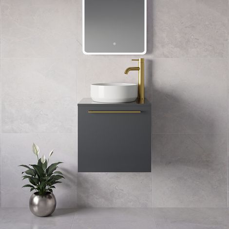 Napoli 390 Gloss Grey 500mm Wall Mounted Single Drawer Vanity Unit for Countertop Basins - 500mm - Brushed Brass 320mm Handle