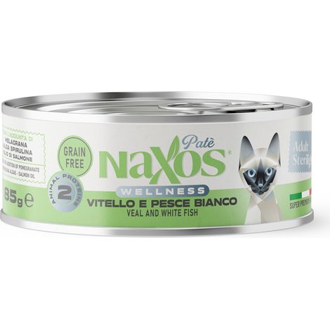 NAXOS GATTI STERILIZZABILE Lattina per gatti sterilizzati al gusto di vitello e pesce bianco 85g