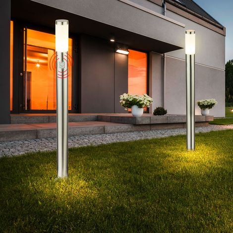 Stehleuchte mit Bewegungsmelder Außenleuchte stehend Edelstahl Stehlampe Aussen Sensor, silber opal, 1x E27, H 110 cm, 2er Set