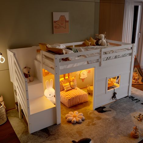 Lit mezzanine enfant 90x200 avec éclairage LED,lit mi hauteur avec escalier de rangement et fenêtre,cadre de lit enfant 90x200,blanc (1/5)